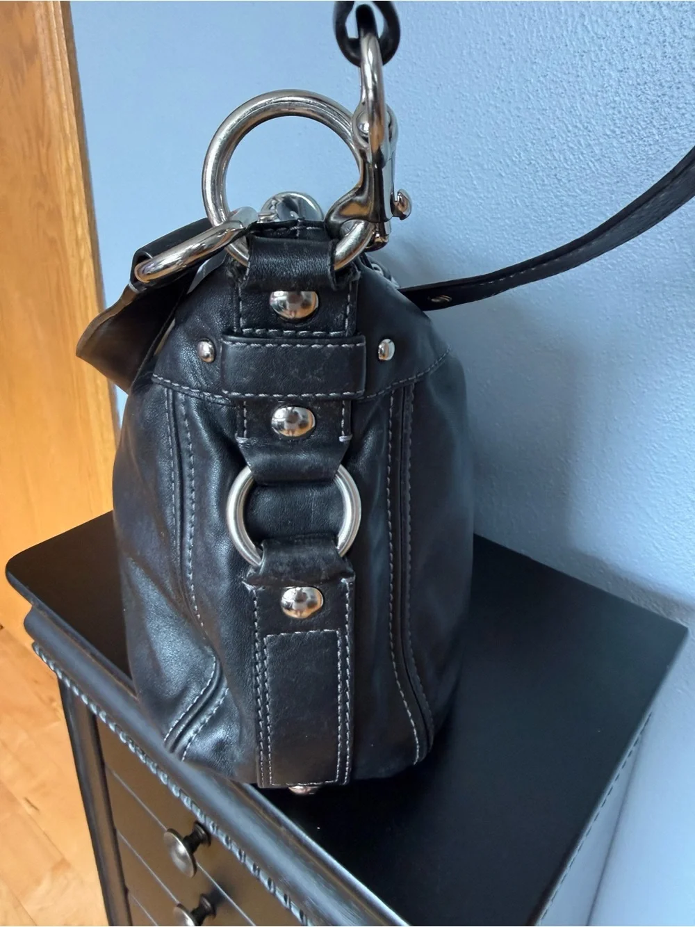 Vintage Coach Black Leather Shoulder Bag with Adjustable Strap